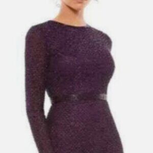 Mac Duggal (193) 5056 Beaded Long Sleeve Gown With Detailed Belt Aubergin sz 14